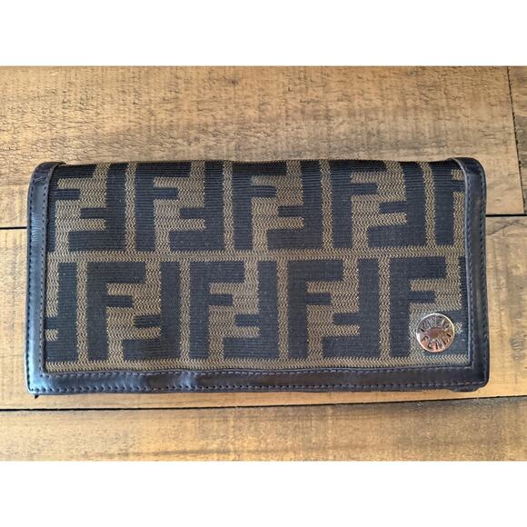 Vintage Fendi Wallet Women's Brown Black Zucca Canvas Leather Italy FF Logo 90s - Picture 1 of 16